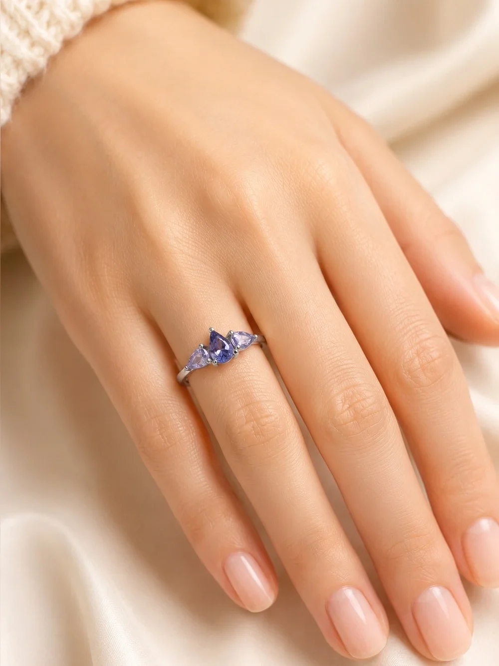 Tanzanite 3 Stone Ring 0.75 CTW Violet Blue Pear Cut Stainless Steel Ring Size 7